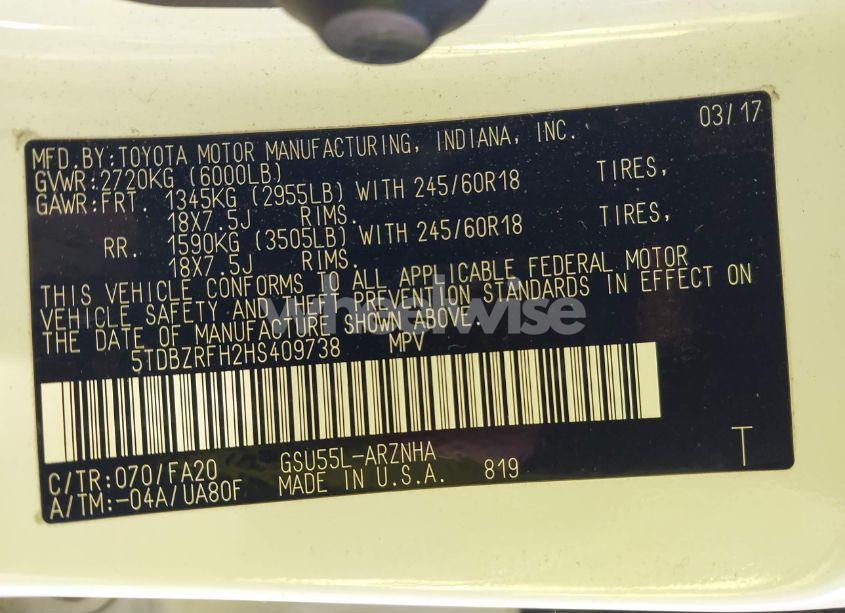 Photo 9 of 2017 Toyota Highlander LE PLUS (VIN 5TDBZRFH2HS409738)