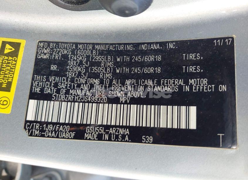 Photo 9 of 2018 Toyota Highlander LE PLUS (VIN 5TDBZRFH2JS499320)