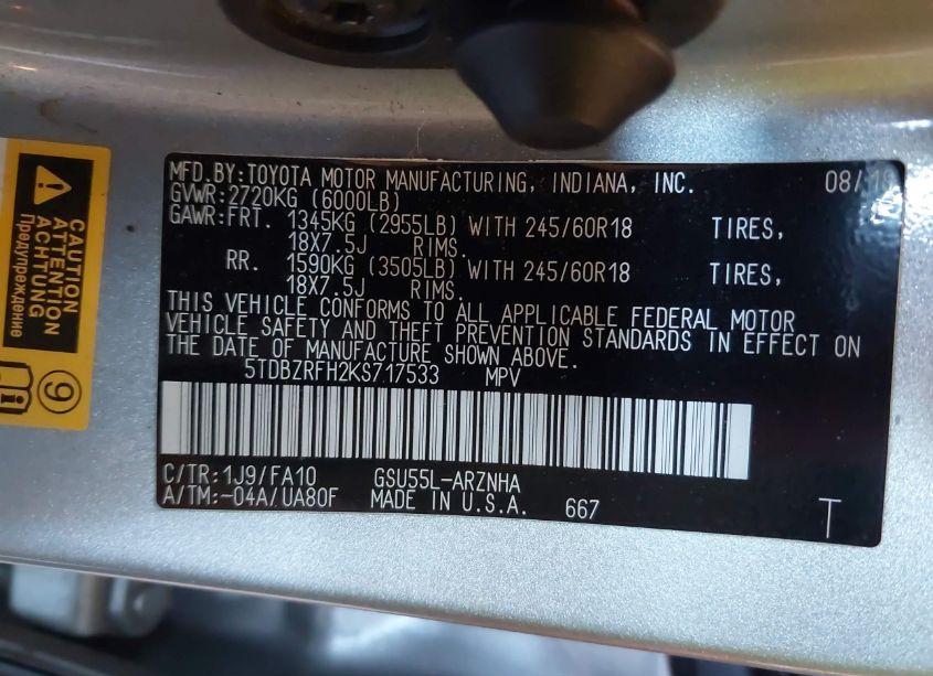 Photo 9 of 2019 Toyota Highlander LE/LE PLUS (VIN 5TDBZRFH2KS717533)