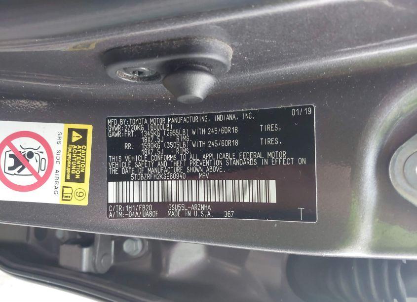 Photo 9 of 2019 Toyota Highlander LE (VIN 5TDBZRFH2KS960940)