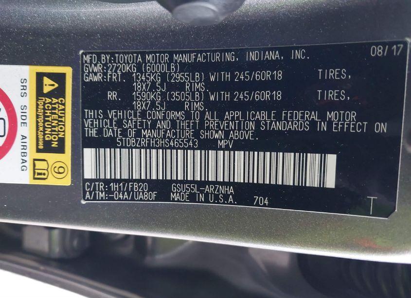 Photo 9 of 2017 Toyota Highlander LE (VIN 5TDBZRFH3HS465543)