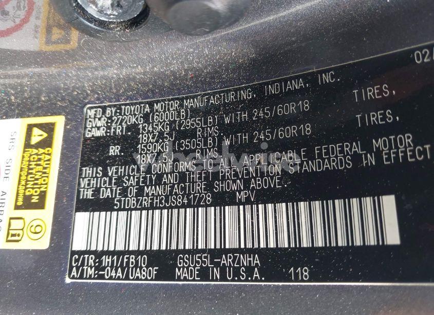 Photo 9 of 2018 Toyota Highlander LE (VIN 5TDBZRFH3JS841728)