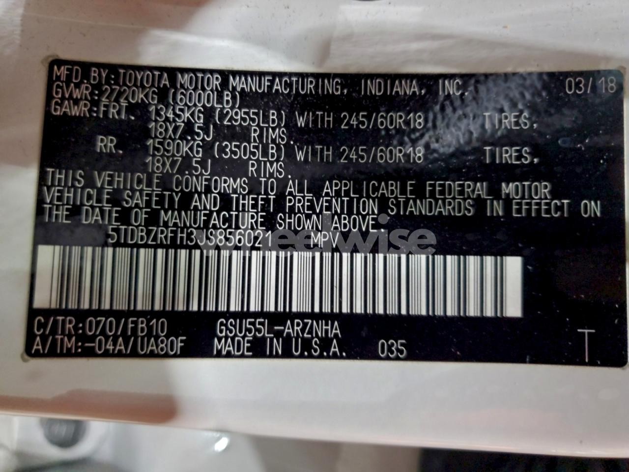 Photo 13 of 2018 TOYOTA HIGHLANDER LE (VIN 5TDBZRFH3JS856021)