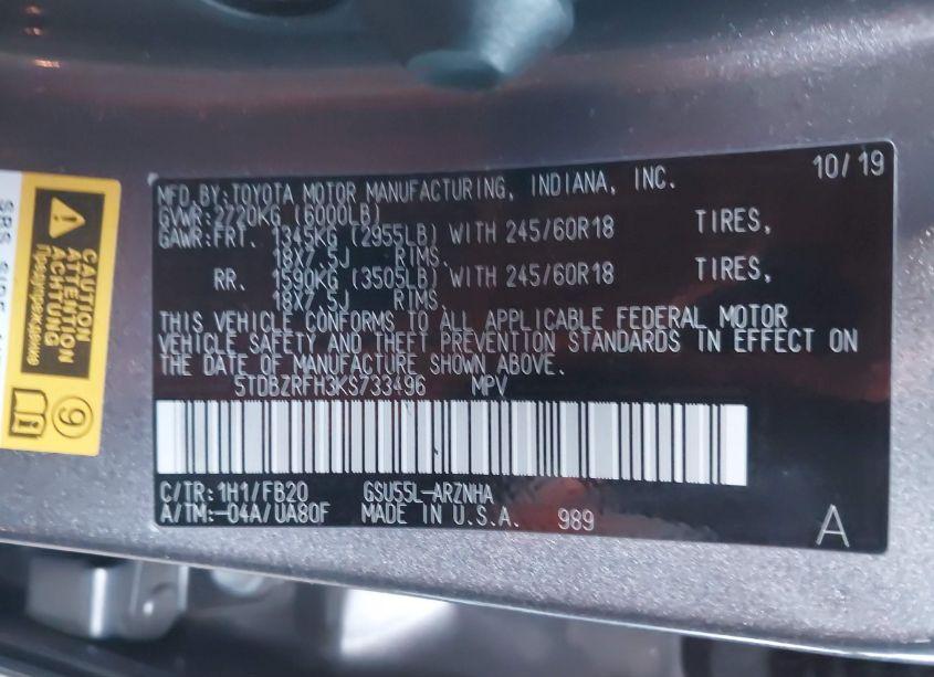 Photo 9 of 2019 Toyota Highlander LE (VIN 5TDBZRFH3KS733496)