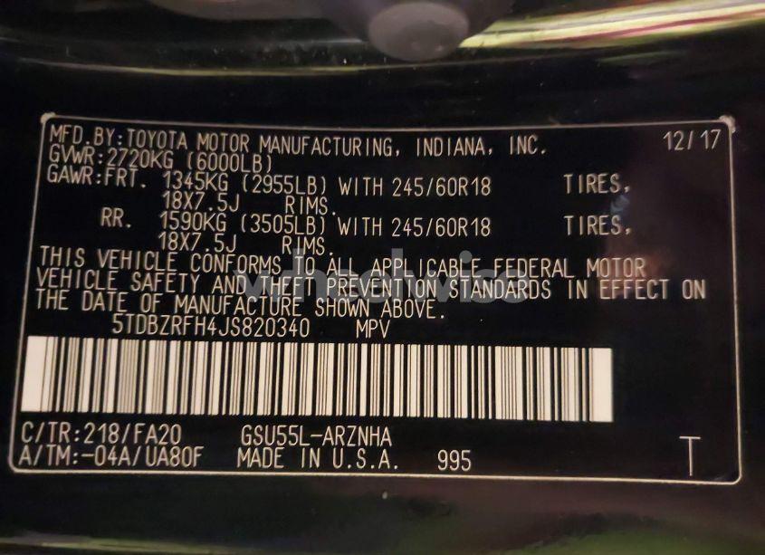 Photo 9 of 2018 Toyota Highlander LE PLUS (VIN 5TDBZRFH4JS820340)