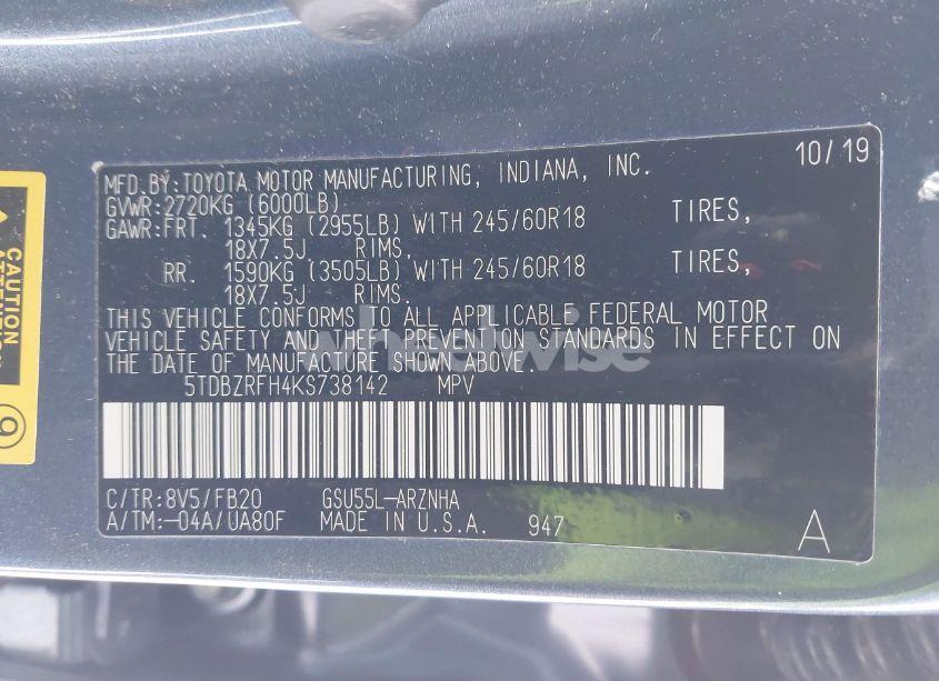 Photo 9 of 2019 Toyota Highlander LE (VIN 5TDBZRFH4KS738142)