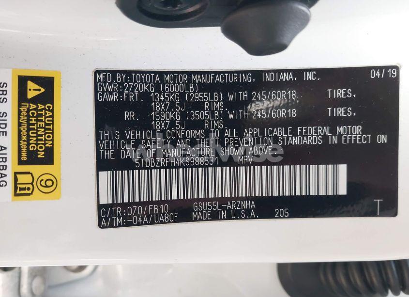 Photo 9 of 2019 Toyota Highlander LE/LE PLUS (VIN 5TDBZRFH4KS988531)