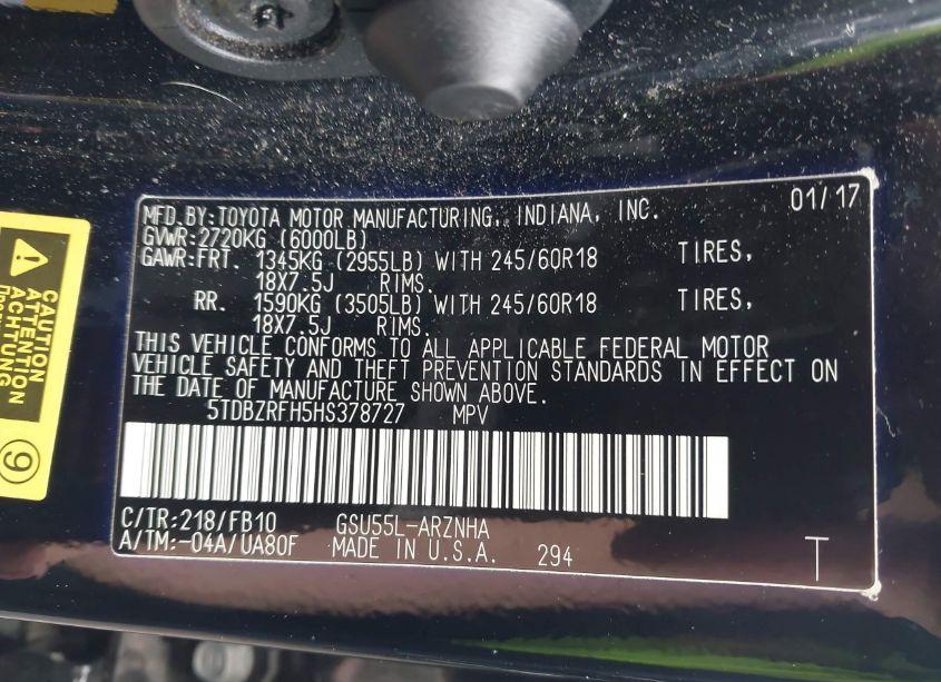 Photo 9 of 2017 Toyota Highlander LE (VIN 5TDBZRFH5HS378727)