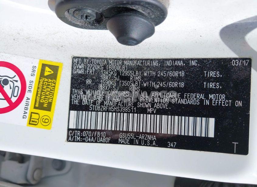 Photo 9 of 2017 Toyota Highlander LE (VIN 5TDBZRFH5HS398511)