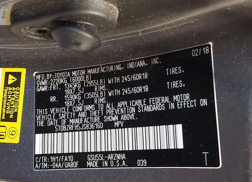 Photo 9 of 2018 Toyota Highlander LE PLUS (VIN 5TDBZRFH5JS836160)