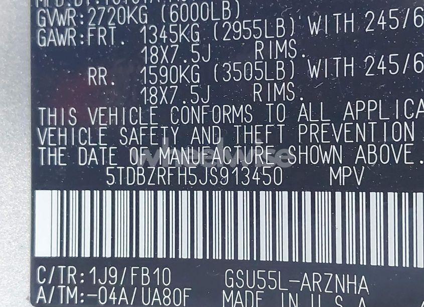 Photo 9 of 2018 Toyota Highlander LE (VIN 5TDBZRFH5JS913450)