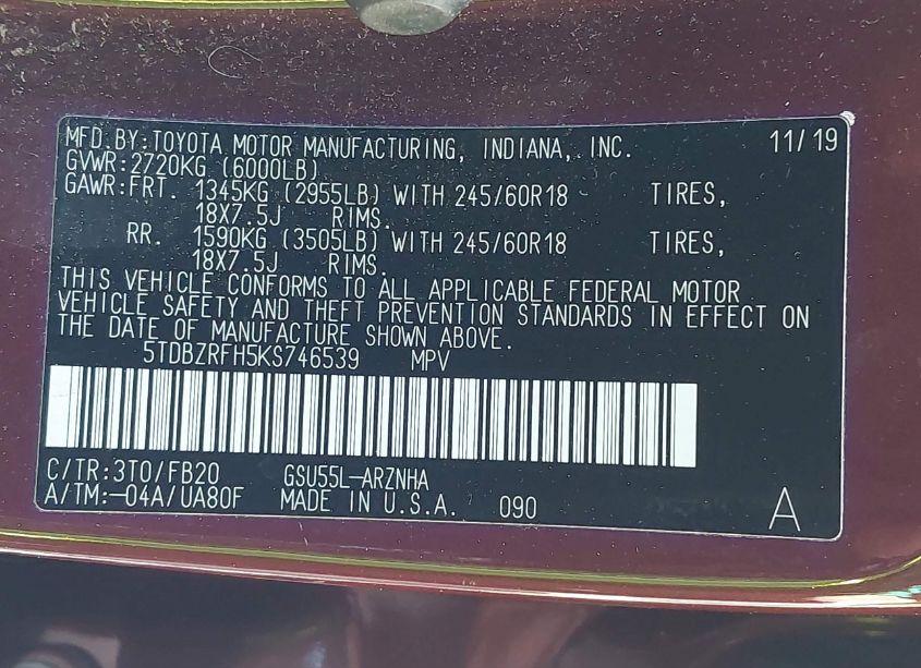 Photo 9 of 2019 Toyota Highlander LE (VIN 5TDBZRFH5KS746539)