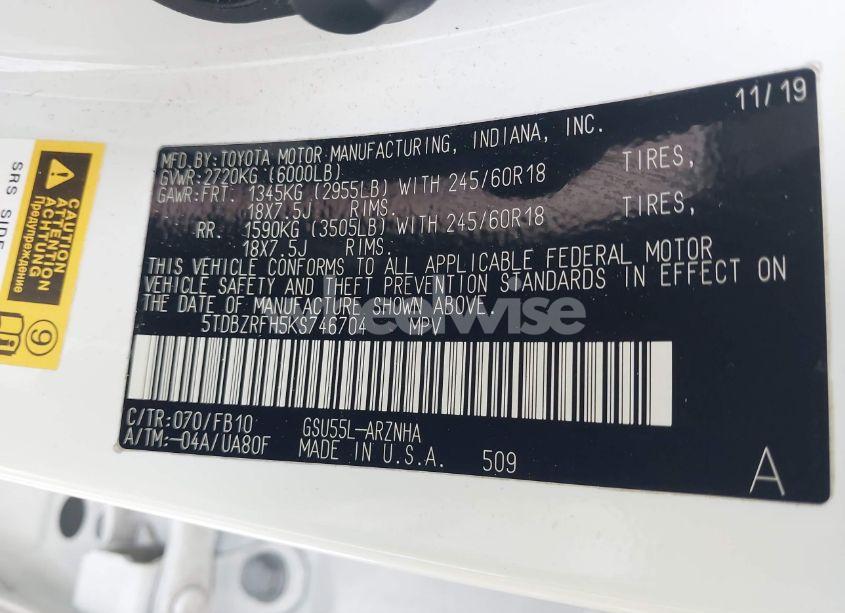 Photo 9 of 2019 Toyota Highlander LE (VIN 5TDBZRFH5KS746704)