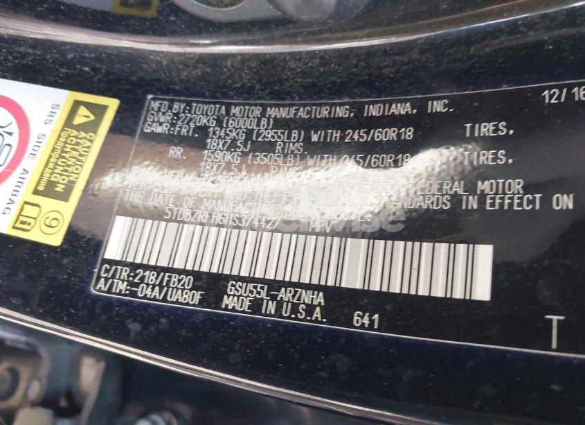 Photo 9 of 2017 Toyota Highlander LE (VIN 5TDBZRFH6HS374427)