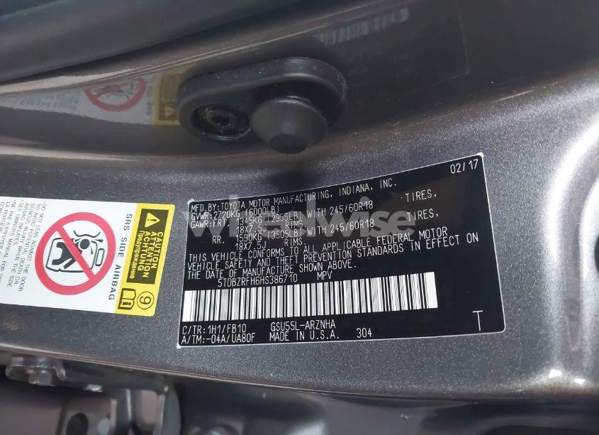 Photo 9 of 2017 Toyota Highlander LE (VIN 5TDBZRFH6HS386710)