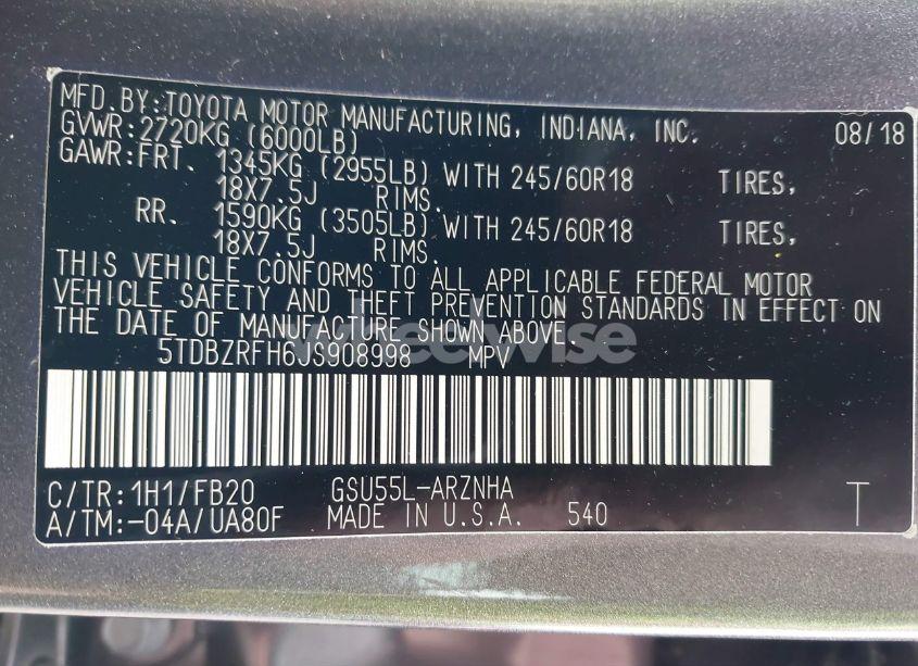 Photo 9 of 2018 Toyota Highlander LE (VIN 5TDBZRFH6JS908998)