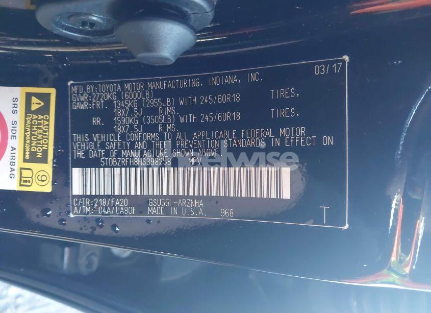 Photo 9 of 2017 Toyota Highlander LE PLUS (VIN 5TDBZRFH8HS398258)