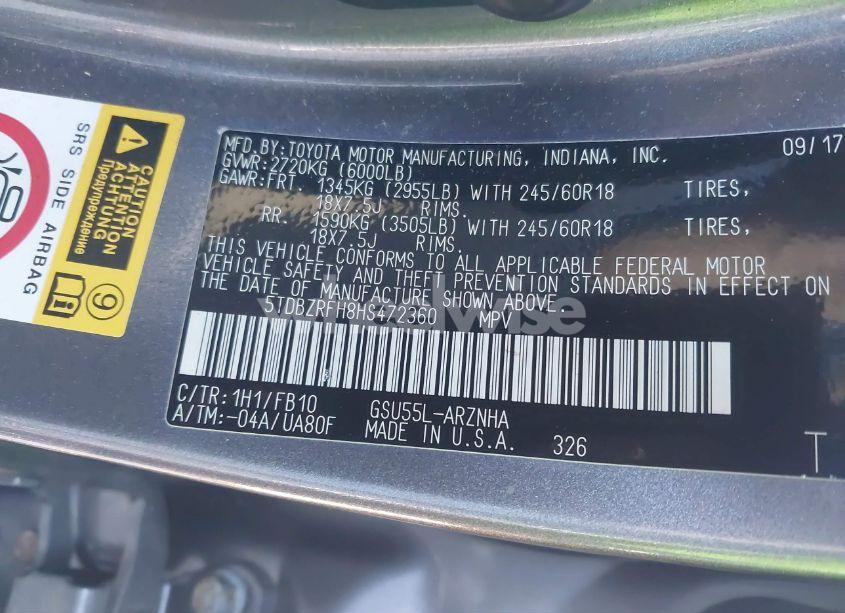 Photo 9 of 2017 Toyota Highlander LE (VIN 5TDBZRFH8HS472360)