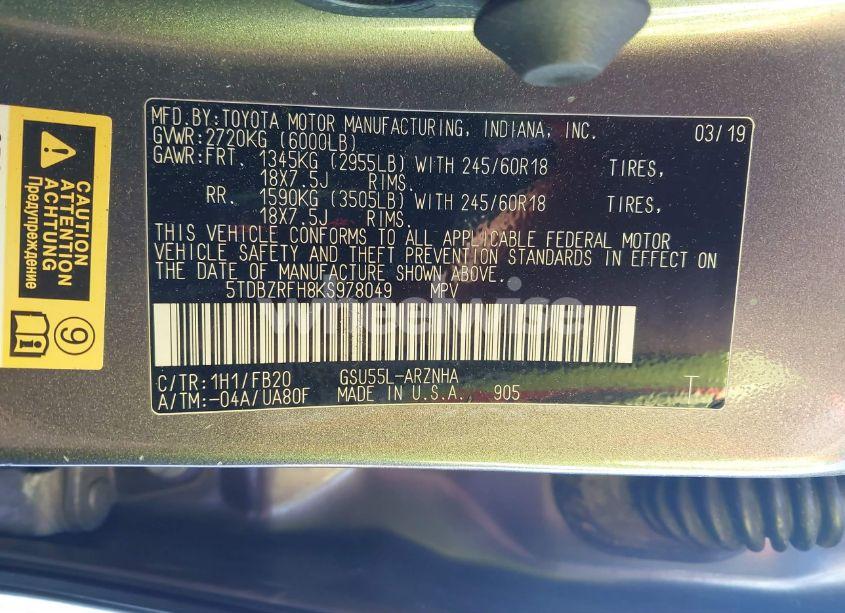 Photo 9 of 2019 Toyota Highlander LE (VIN 5TDBZRFH8KS978049)