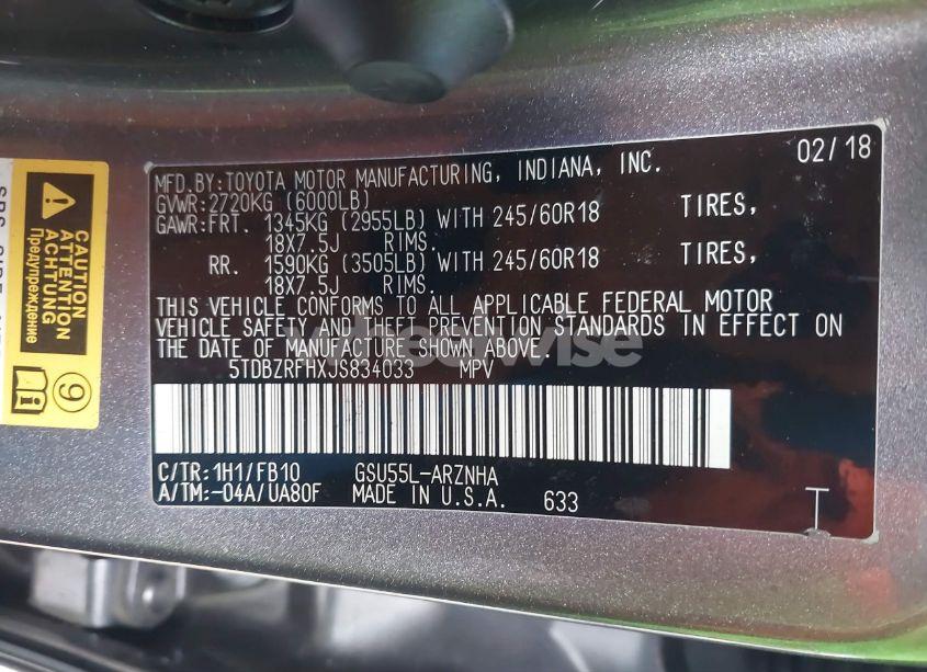 Photo 9 of 2018 Toyota Highlander LE (VIN 5TDBZRFHXJS834033)