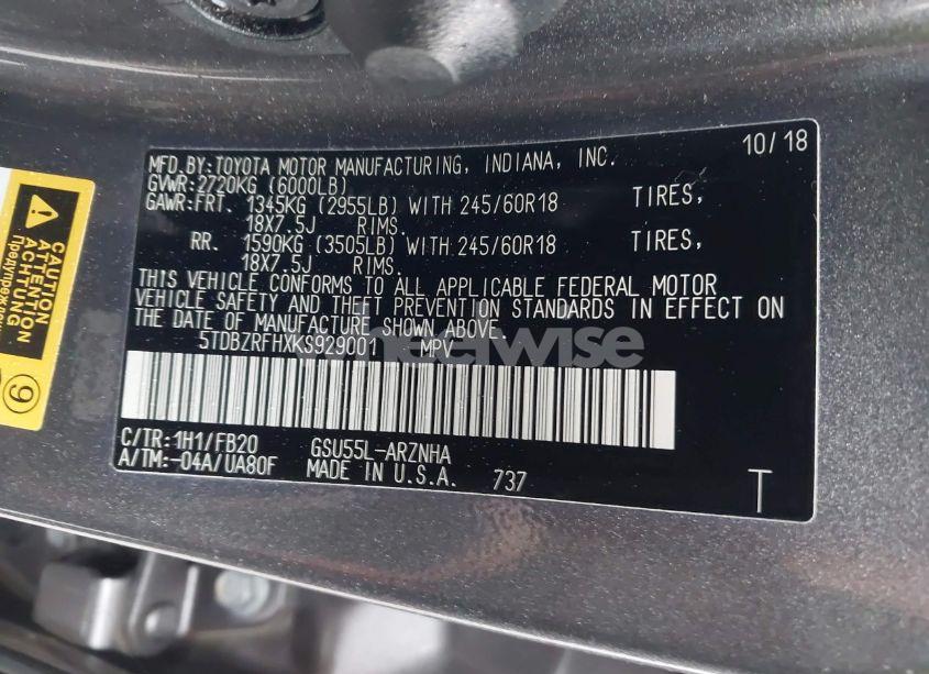 Photo 9 of 2019 Toyota Highlander LE (VIN 5TDBZRFHXKS929001)