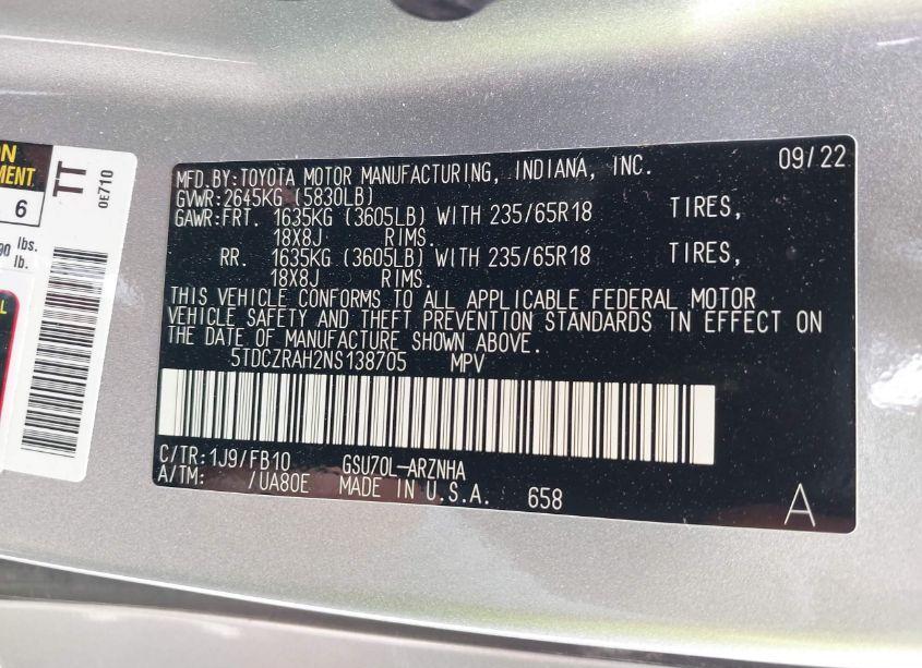 Photo 9 of 2022 Toyota Highlander L (VIN 5TDCZRAH2NS138705)