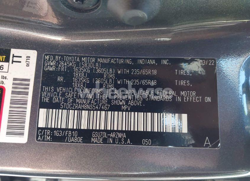 Photo 9 of 2022 Toyota Highlander L (VIN 5TDCZRAH8NS547467)