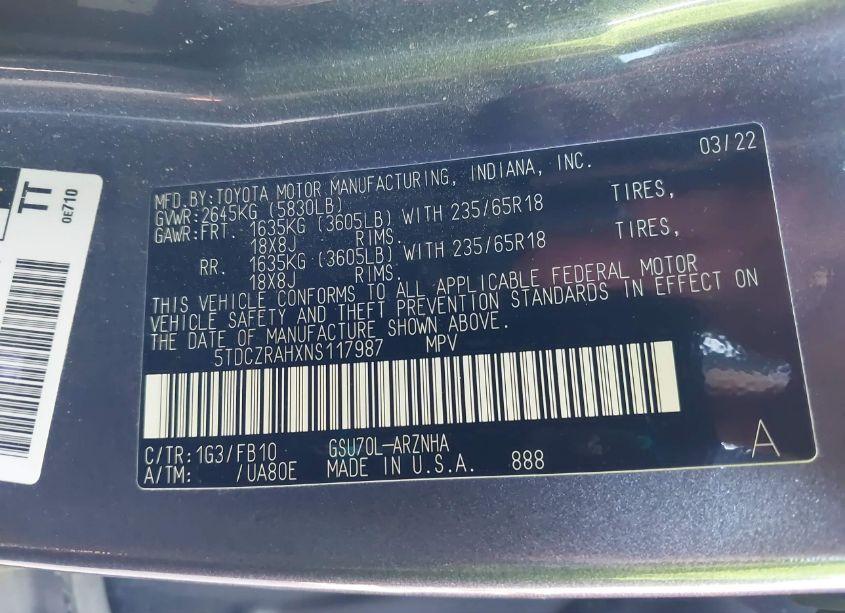 Photo 9 of 2022 Toyota Highlander L (VIN 5TDCZRAHXNS117987)