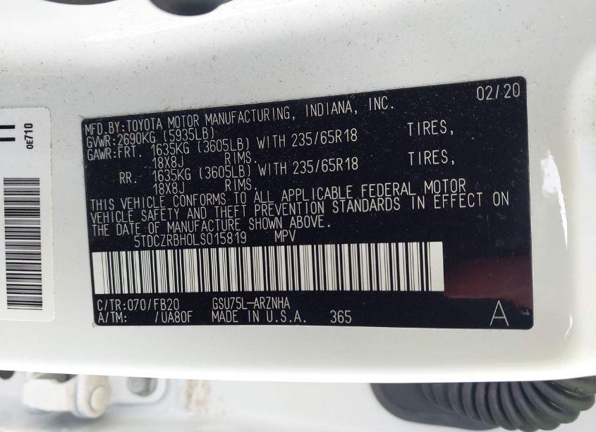 Photo 9 of 2020 Toyota Highlander L (VIN 5TDCZRBH0LS015819)