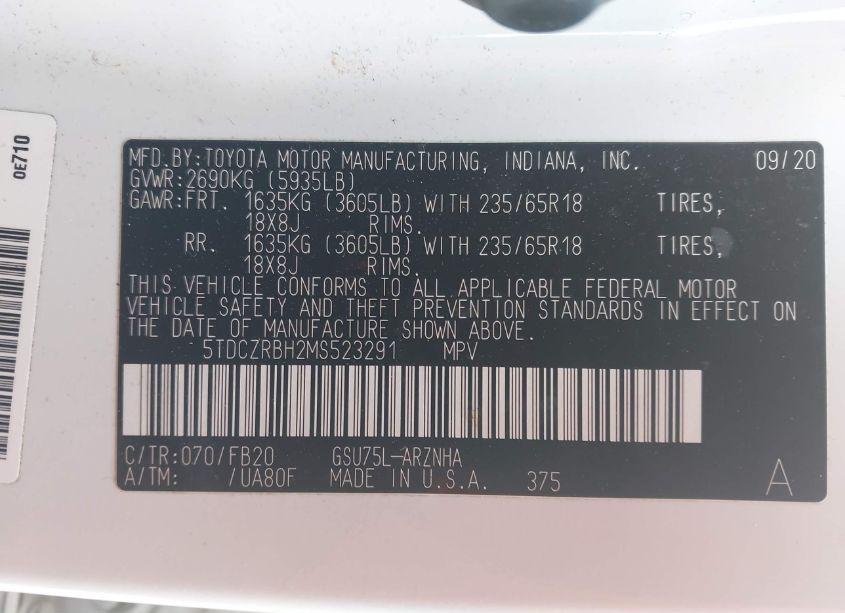 Photo 9 of 2021 Toyota Highlander L (VIN 5TDCZRBH2MS523291)