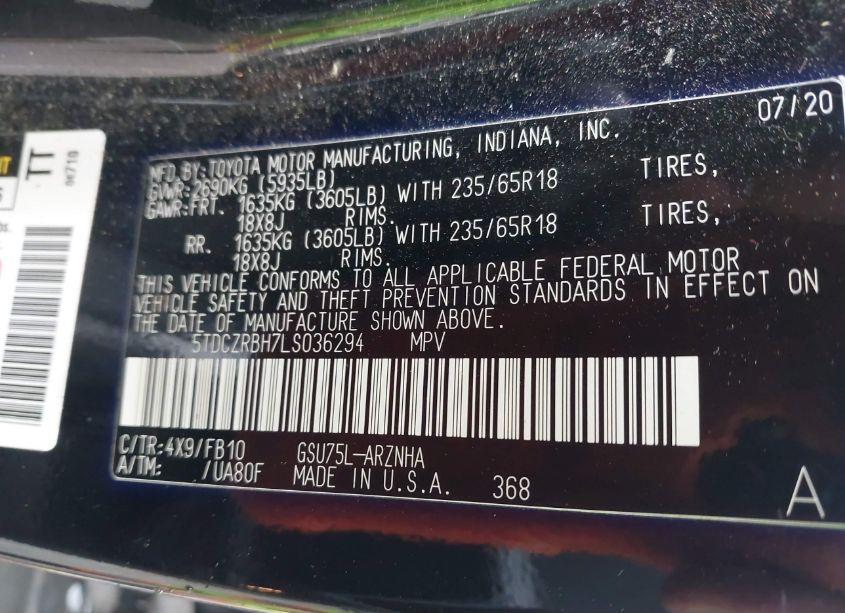 Photo 9 of 2020 Toyota Highlander L (VIN 5TDCZRBH7LS036294)