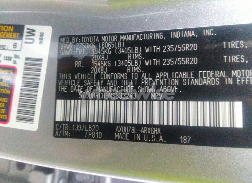 Photo 9 of 2021 Toyota Highlander HYBRID LIMITED (VIN 5TDDBRCH9MS533243)