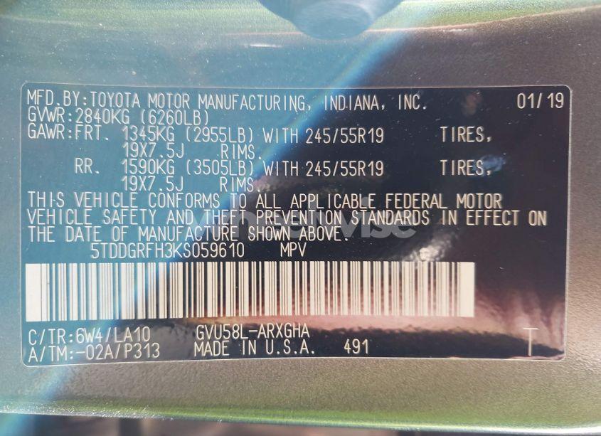 Photo 9 of 2019 Toyota Highlander HYBRID LIMITED PLATINUM (VIN 5TDDGRFH3KS059610)