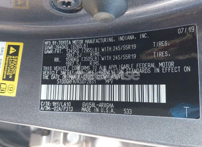 Photo 9 of 2019 Toyota Highlander HYBRID LIMITED PLATINUM (VIN 5TDDGRFH7KS072831)