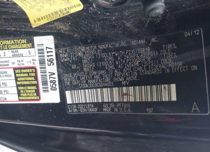 Photo 9 of 2012 Toyota Sienna XLE/LIMITED (VIN 5TDDK3DC0CS044003)