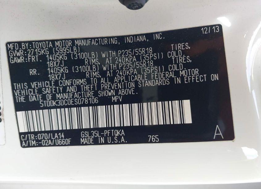 Photo 9 of 2014 Toyota Sienna XLE/LIMITED (VIN 5TDDK3DC0ES078106)