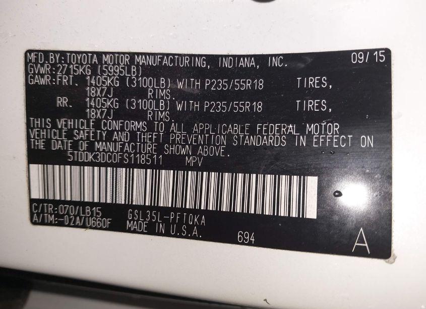 Photo 9 of 2015 Toyota Sienna LIMITED PREMIUM 7 PASSENGER (VIN 5TDDK3DC0FS118511)