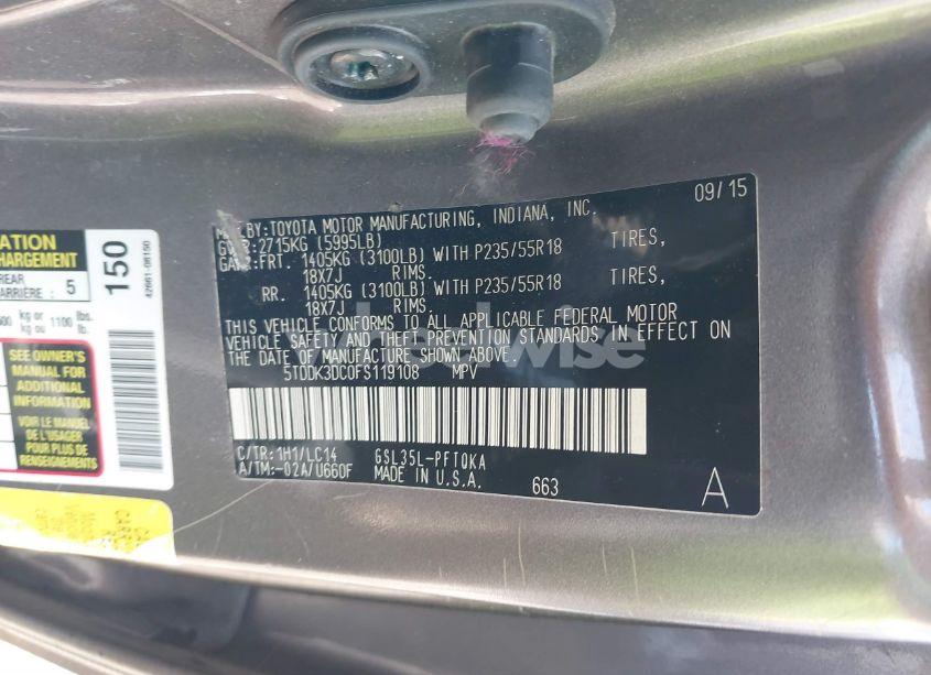 Photo 9 of 2015 Toyota Sienna XLE PREMIUM 7 PASSENGER (VIN 5TDDK3DC0FS119108)