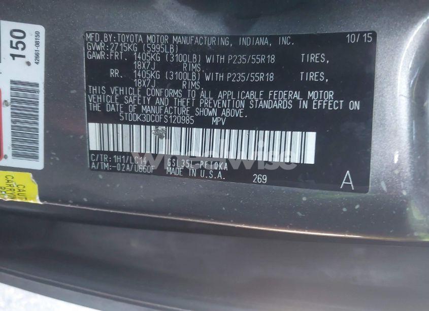 Photo 9 of 2015 Toyota Sienna XLE 7 PASSENGER (VIN 5TDDK3DC0FS120985)