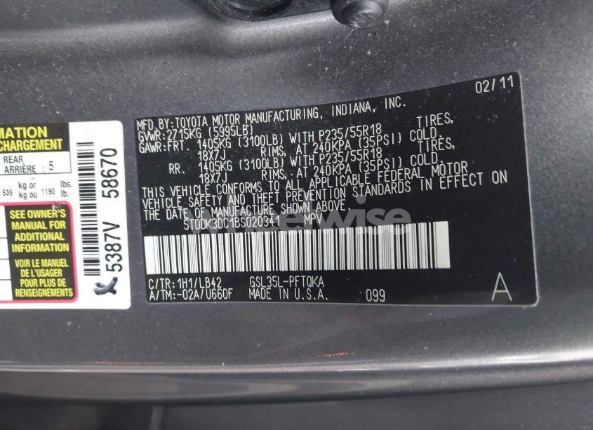 Photo 9 of 2011 Toyota Sienna XLE (VIN 5TDDK3DC1BS020341)