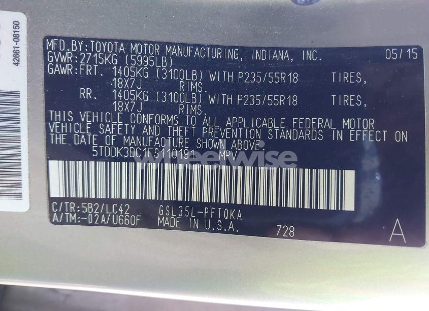 Photo 9 of 2015 Toyota Sienna XLE 7 PASSENGER (VIN 5TDDK3DC1FS110191)