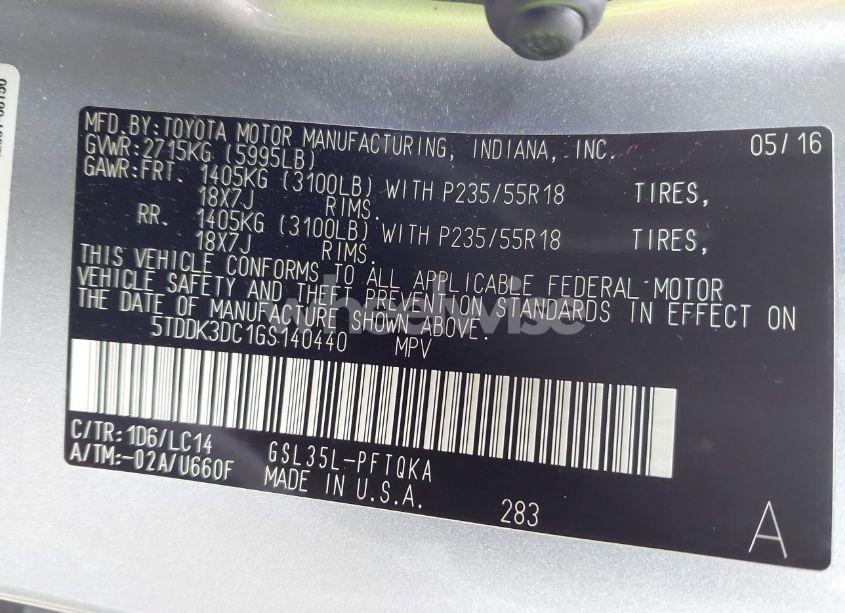 Photo 9 of 2016 Toyota Sienna XLE PREMIUM 7 PASSENGER (VIN 5TDDK3DC1GS140440)