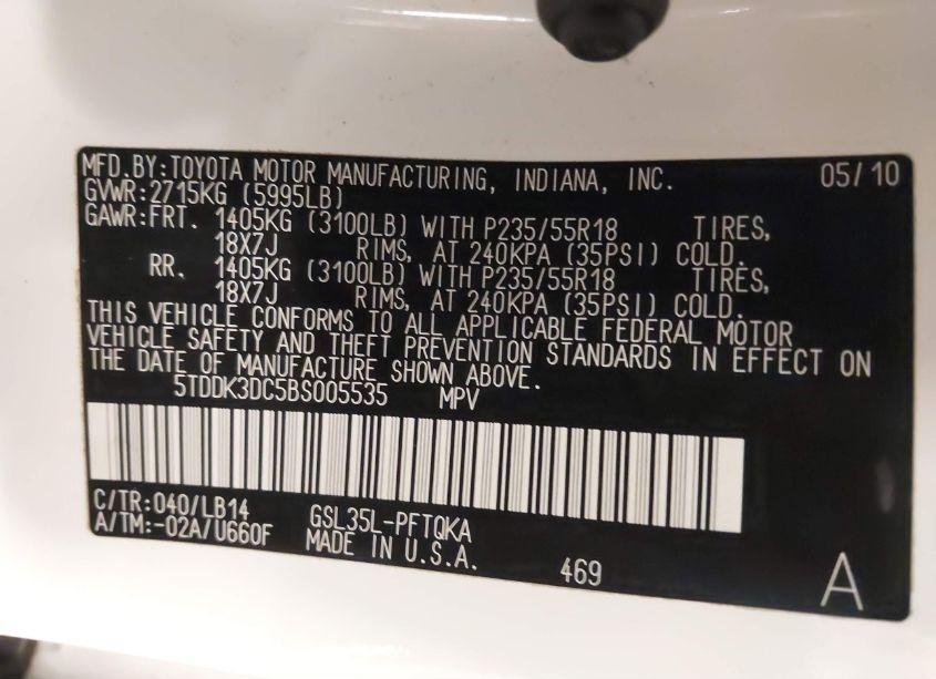 Photo 9 of 2011 Toyota Sienna XLE (VIN 5TDDK3DC5BS005535)