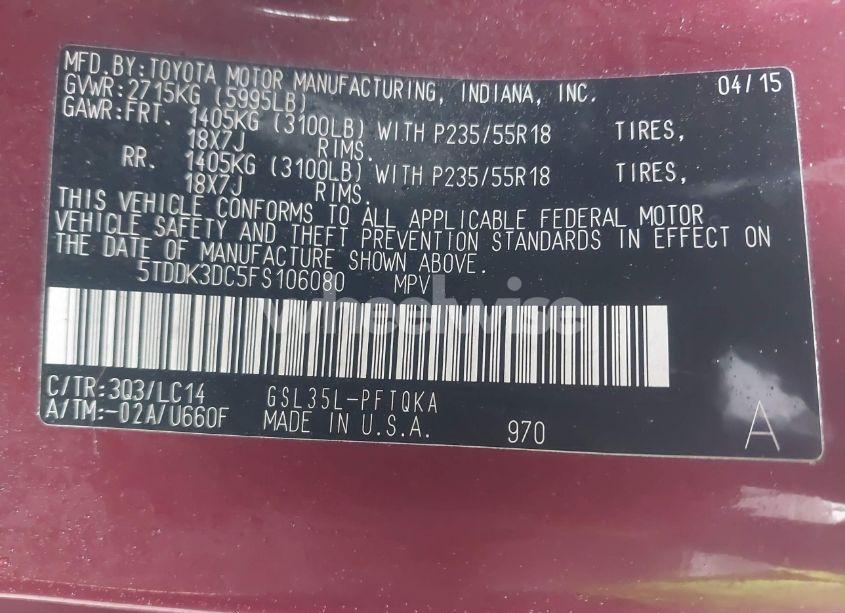 Photo 9 of 2015 Toyota Sienna XLE 7 PASSENGER (VIN 5TDDK3DC5FS106080)