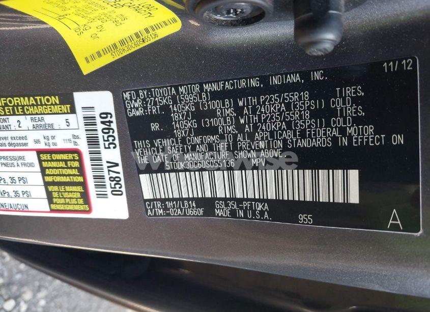 Photo 9 of 2013 Toyota Sienna XLE 7 PASSENGER (VIN 5TDDK3DC6DS055136)