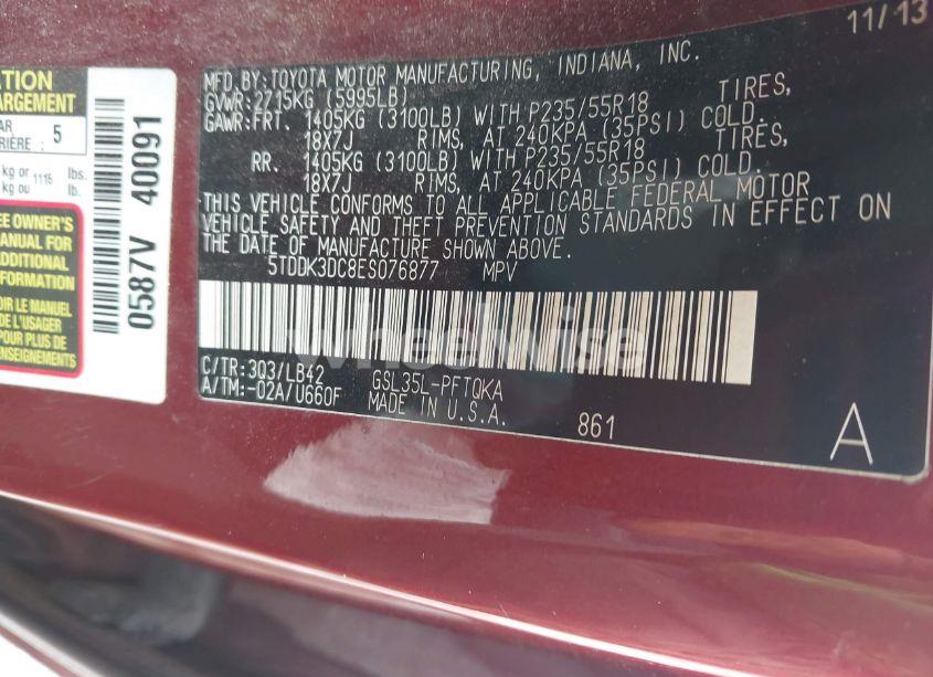 Photo 9 of 2014 Toyota Sienna XLE 7 PASSENGER (VIN 5TDDK3DC8ES076877)