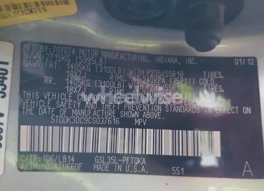 Photo 9 of 2012 Toyota Sienna XLE 7 PASSENGER (VIN 5TDDK3DC9CS037616)