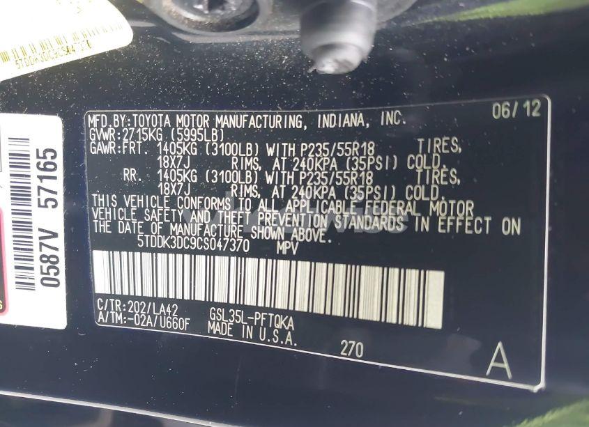 Photo 9 of 2012 Toyota Sienna LIMITED 7 PASSENGER (VIN 5TDDK3DC9CS047370)