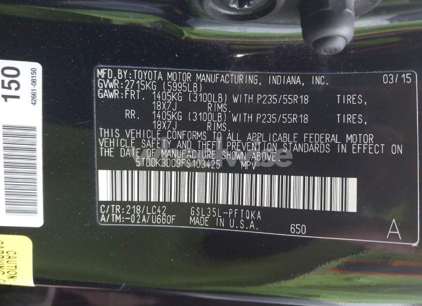 Photo 9 of 2015 Toyota Sienna XLE 7 PASSENGER (VIN 5TDDK3DC9FS103425)