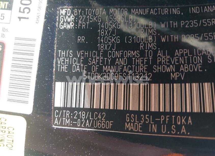 Photo 9 of 2015 Toyota Sienna XLE 7 PASSENGER (VIN 5TDDK3DC9FS113212)